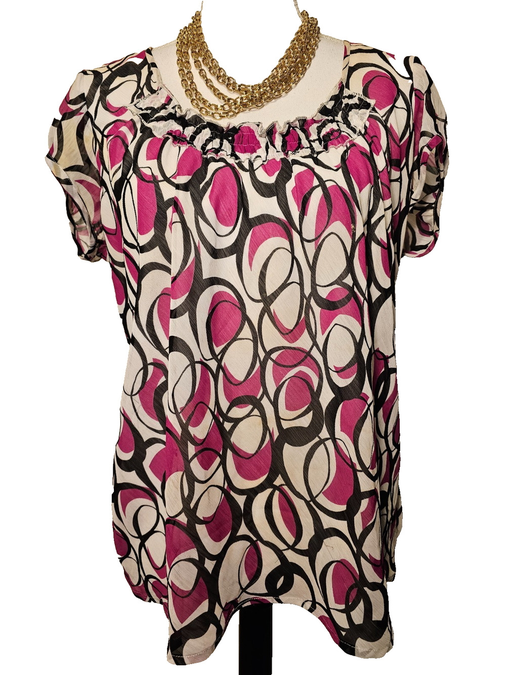 VTG Tailor by B. Moss Womens Babydoll Lined Blouse Pink Black Large Puff Sleeve